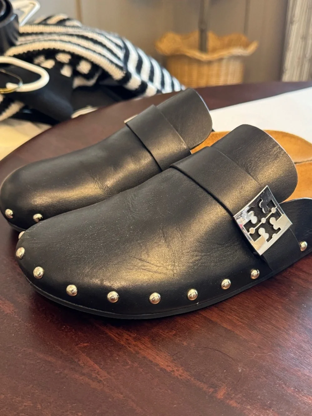 Tory Burch Mellow Studded Mule Leather Black Women's 12